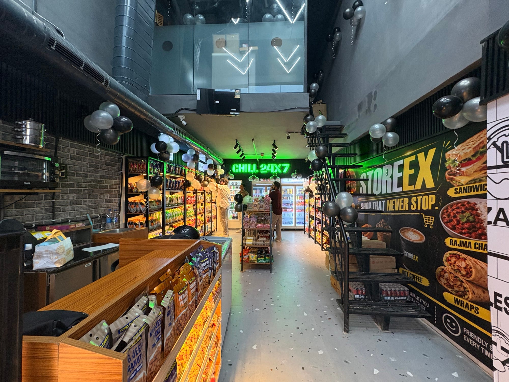 Storeex interior with café menu wall and Chill 24/7 bar